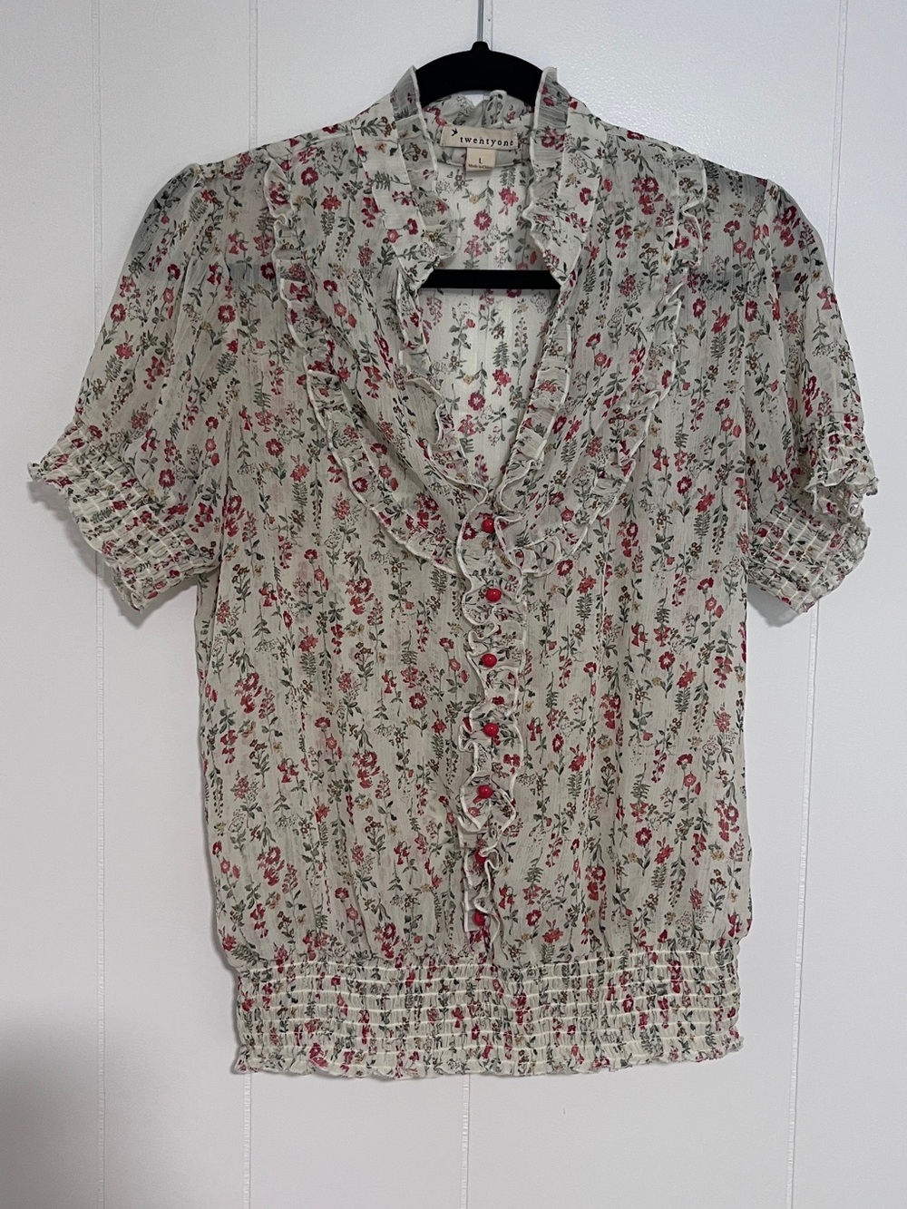 Twentyone Cream Floral Ruffle-Front Short Sleeve Blouse with Red Accents
